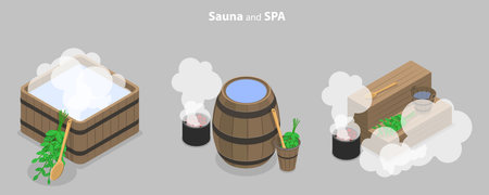 3D Isometric Flat Vector Conceptual Illustration of Sauna And SPA, Activity for Wellness and Recreationのイラスト素材