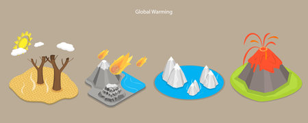 3D Isometric Flat Vector Conceptual Illustration of Global Warming, Drought, Volcano Eruption, Polar Ice Melting, Natural Disastersのイラスト素材