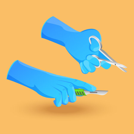 3D Isometric Flat Vector Icon of Surgeon Hands, Doctor Holding a Scalpel and Forcepsのイラスト素材