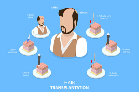 3D Isometric Flat Vector Conceptual Illustration of Hair Transplantation, Stages of FUE Procedureのイラスト素材