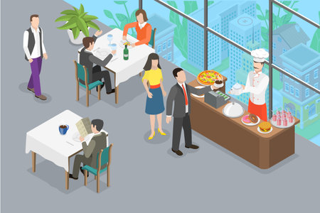 3D Isometric Flat Vector Conceptual Illustration of Lunch Break, Cafeteria or Kitchen Roomのイラスト素材