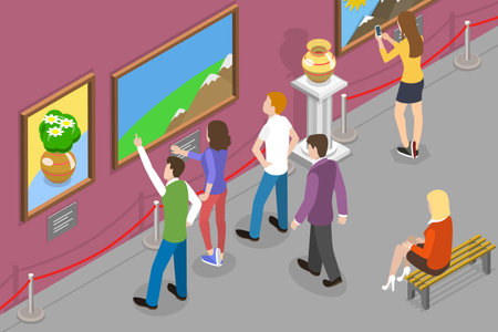 3D Isometric Flat Vector Conceptual Illustration of Art Gallery, Tourists Looking at Paintings at Ehibitionのイラスト素材