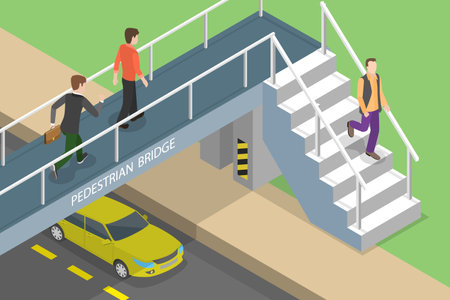 3D Isometric Flat Vector Conceptual Illustration of Pedestrian Bridge, People Using Footbridgeのイラスト素材