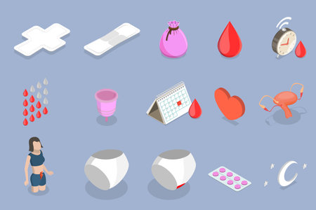 3D Isometric Flat Vector Set of Menstrual Period Symbols, Feminine Intimate Hygieneのイラスト素材