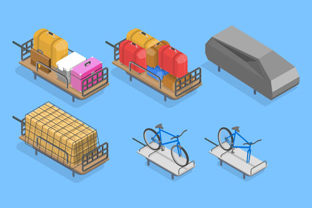 3D Isometric Flat Vector Set of Car Roof Storage, Transporting Bicyclesのイラスト素材