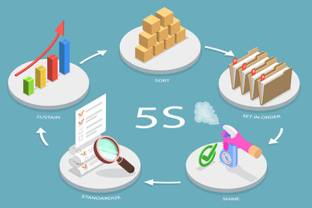 3D Isometric Flat Vector Conceptual Illustration of 5S, The System for Organizing Spaces So Work Can be Performed efficiently, effectively, and safelyのイラスト素材