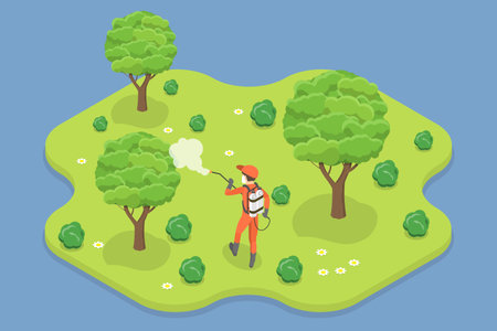 3D Isometric Flat Vector Conceptual Illustration of Pesticide Spraying, Pest Control and Chemical Treatment of Plantsのイラスト素材