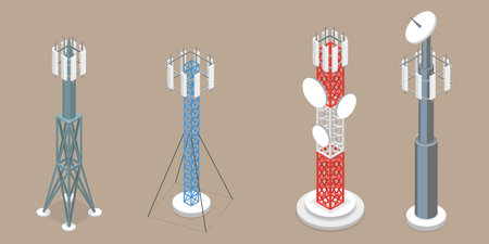3D Isometric Flat Vector Set of Telecom Towers, Communicating Radio Constructionsのイラスト素材