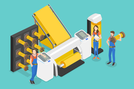 3D Isometric Flat Vector Conceptual Illustration of Fabric Production Factory, Textile Machinery Manufactureのイラスト素材