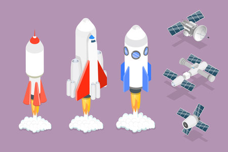 3D Isometric Flat Vector Set of Spacecraft Shuttles and Satellites, Exploration of Cosmosのイラスト素材
