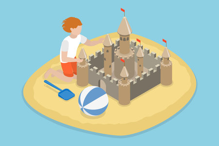 3D Isometric Flat Vector Conceptual Illustration of Kid Building a Sand Castle, Summer Vacation Entertainmentのイラスト素材