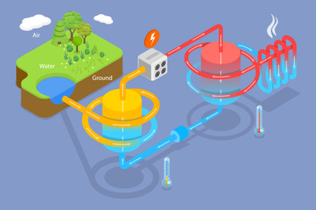 3D Isometric Flat Vector Conceptual Illustration of Heat Pump Principle, Scheme of Thermal Energy Source Deviceのイラスト素材