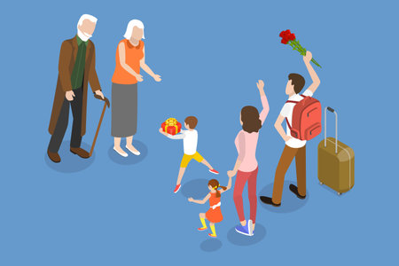 3D Isometric Flat Vector Conceptual Illustration of Meeting Family, Happy Grandchildren Visiting Grandparentsのイラスト素材