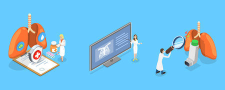 3D Isometric Flat Vector Conceptual Illustration of Lung Disease, Respiratory System Examination and Treatmentのイラスト素材