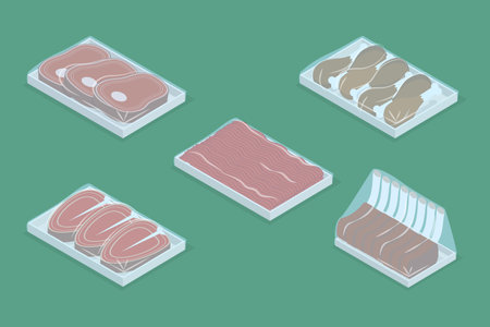 3D Isometric Flat Vector Set of Frozen Meat, Vacuum-packaged Foodのイラスト素材