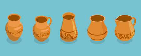 3D Isometric Flat Vector Set of Vintage Ceramic Items, Clay Potteryのイラスト素材