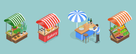 3D Isometric Flat Vector Set of Fair Kiosks, Market Stallsのイラスト素材