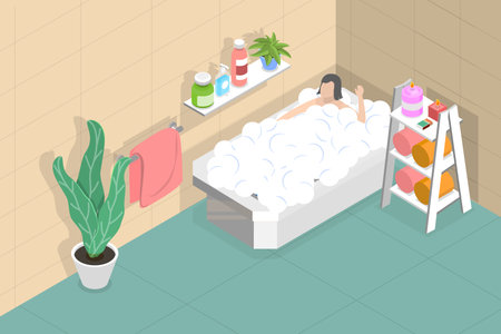 3D Isometric Flat Vector Conceptual Illustration of Taking a Bath, Hygiene and Beautyのイラスト素材