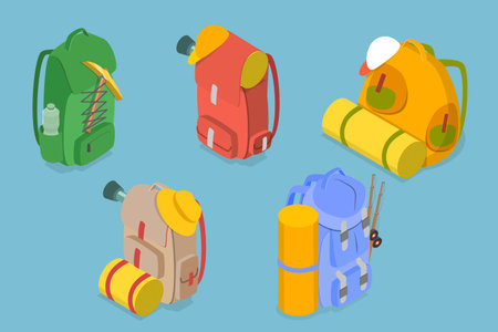 3D Isometric Flat Vector Set of Traveler Camp Knapsacks, Tourist Bag with Accessoriesのイラスト素材