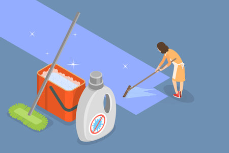3D Isometric Flat Vector Conceptual Illustration of Floor Cleaning, Housekeeping, Housework Routineのイラスト素材