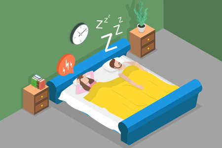 3D Isometric Flat Vector Conceptual Illustration of Snoring, Husband Snores Loudly Next to Angry Frustrated Wifeのイラスト素材
