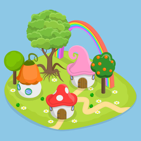 3D Isometric Flat Vector Conceptual Illustration of Fairytale Forest, Fantasy Housesのイラスト素材