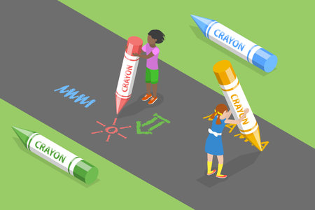 3D Isometric Flat Vector Conceptual Illustration of Crayon Drawing, Group of Happy Children are Having Funのイラスト素材