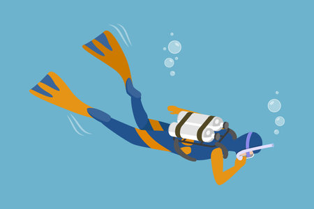 3D Isometric Flat Vector Conceptual Illustration of Scuba Diver, Underwater Marine Lifeのイラスト素材