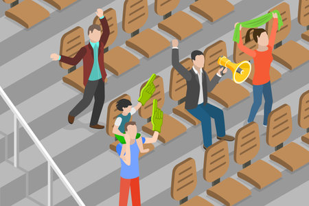 3D Isometric Flat Vector Conceptual Illustration of Cheerful Fans Watching a Match, Supporting a Sport Teamのイラスト素材