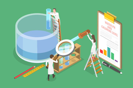 3D Isometric Flat Vector Conceptual Illustration of Testing Water PH And Chlorine Level, Pool Maintenance Serviceのイラスト素材