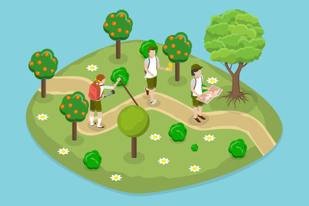 3D Isometric Flat Vector Conceptual Illustration of Scout Kids, Hiking and Campingのイラスト素材