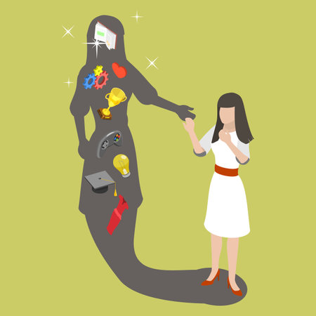 3D Isometric Flat Vector Conceptual Illustration of Shadow Archetype, Meeting with Unconscious Part of Selfのイラスト素材