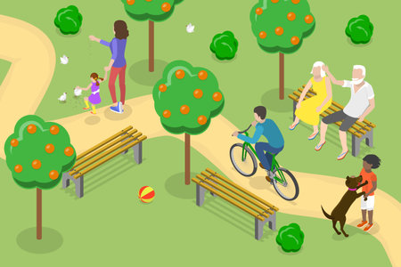 3D Isometric Flat Vector Conceptual Illustration of Walk In Park, Urban Recreation Areaのイラスト素材