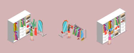 3D Isometric Flat Vector Set of Wardrobes, Clothing Organization or Storageのイラスト素材