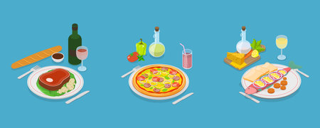 3D Isometric Flat Vector Set of Classic European Cuisine, French, Italian and Mediterranean Cuisineのイラスト素材