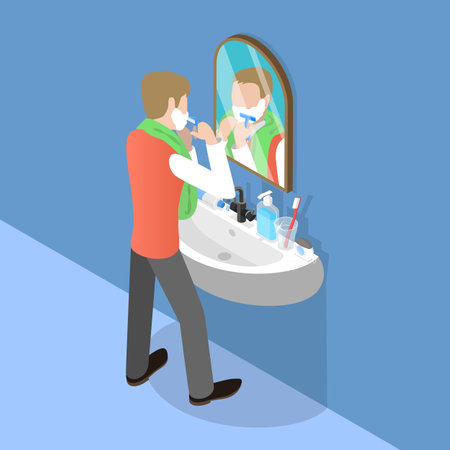 3D Isometric Flat Vector Conceptual Illustration of Skincare For Men, Man Shaving Faceのイラスト素材