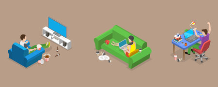 3D Isometric Flat Vector Conceptual Illustration of Sedentary Lifestyle, Bad Habitsのイラスト素材