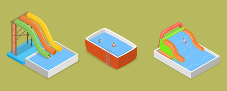 3D Isometric Flat Vector Set of Aquapark Scenes, Summer Fun at Poolのイラスト素材