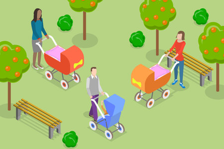 3D Isometric Flat Vector Conceptual Illustration of Parents Walk, Leisure Time in Parkのイラスト素材