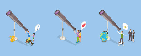 3D Isometric Flat Vector Conceptual Illustration of Telescopes Watching, Getting Into Astronomy As a Hobbyのイラスト素材