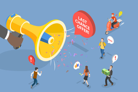 3D Isometric Flat Vector Conceptual Illustration of Last Chance Offer , Advertising or Promotion with Megaphoneのイラスト素材