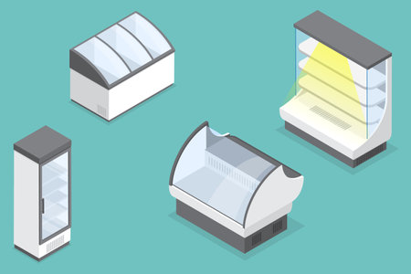 3D Isometric Flat Vector Set of Commercial Display Refrigerators, Retail Shop or Supermarket Equipmentのイラスト素材