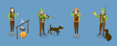 3D Isometric Flat Vector Set of Hunters, Hunting Hobby, Sport or Outdoor Activityのイラスト素材