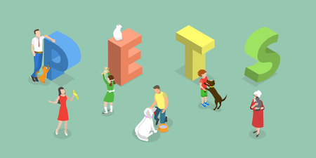 3D Isometric Flat Vector Conceptual Illustration of Pets, Adorable Animals and Their Ownersのイラスト素材