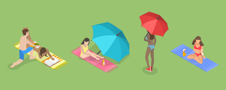 3D Isometric Flat Vector Set of Skincare Routine Scenes, Spending Time at Beachのイラスト素材