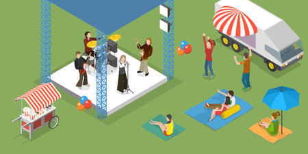 3D Isometric Flat Vector Conceptual Illustration of Outdoor Music Festival, Summer Public Entertainment Partyのイラスト素材