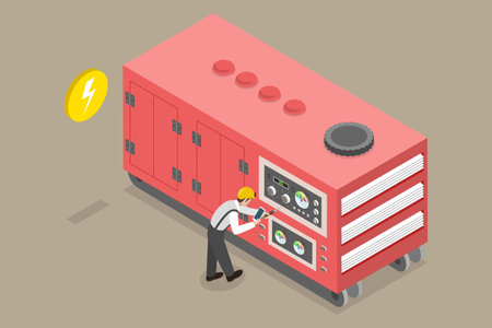 3D Isometric Flat Vector Conceptual Illustration of Stationary Industrial Power Generator, Energy Generating and Backup Equipmentのイラスト素材