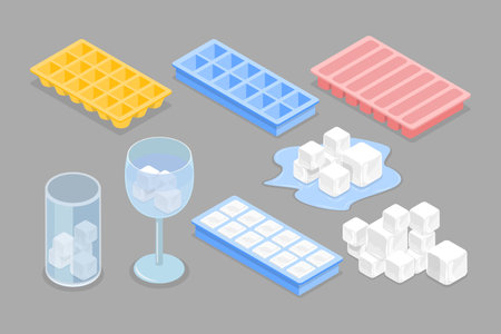 3D Isometric Flat Vector Set of Ice Cubes for Cocktails, Plastic Traysのイラスト素材