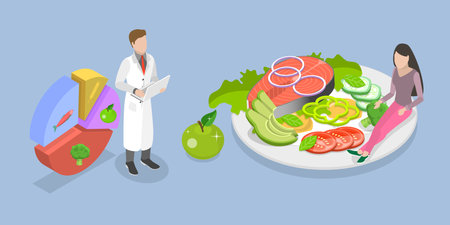 3D Isometric Flat Vector Conceptual Illustration of Nutritionist Makes Meal Plan, Diet Therapy with Healthy Foodのイラスト素材