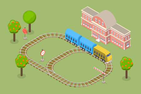 3D Isometric Flat Vector Conceptual Illustration of Toy Railway, Children Transport Gameのイラスト素材